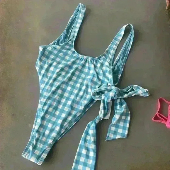 Windsor Blue White Gingham Tie Waist Open Back Pull On One Piece Swimsuit Size S - Picture 7 of 9